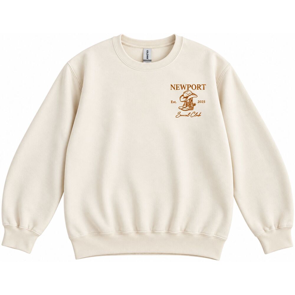 Newport Social Club Cream Crewneck Sweatshirt Western Cowboy Graphic Retro